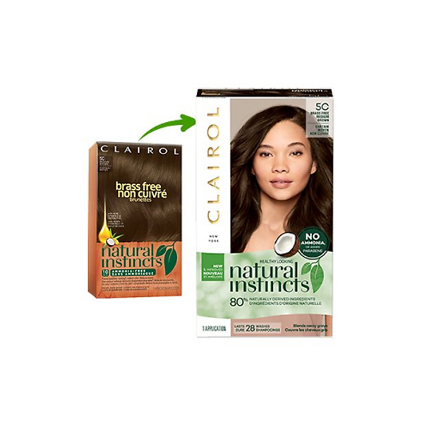 Clairol Natural Instincts, 5C Brass Free Medium Brown, Semi-Permanent Hair Color, 1 Kit