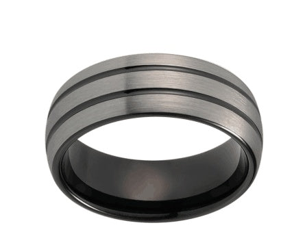 8mm Black Tungsten Wedding Ring with Silver Matte Lines
