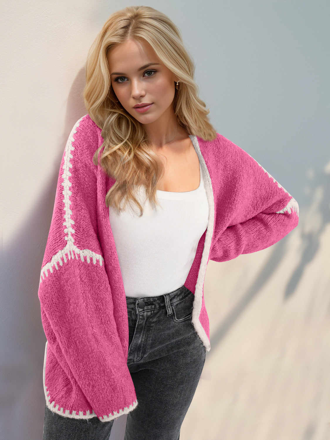 Back To School Sweater - Double Take Contrast Open Front Dropped Shoulder Cardigan