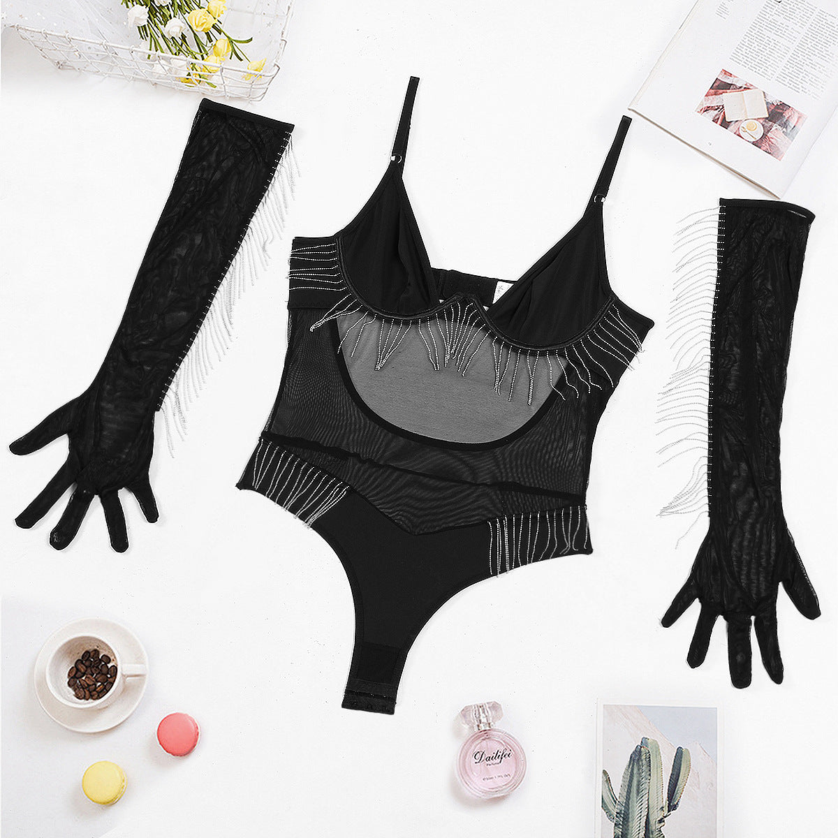 Body Shaping Sling Fashion Draping Tassel Gloves Jumpsuit Suit