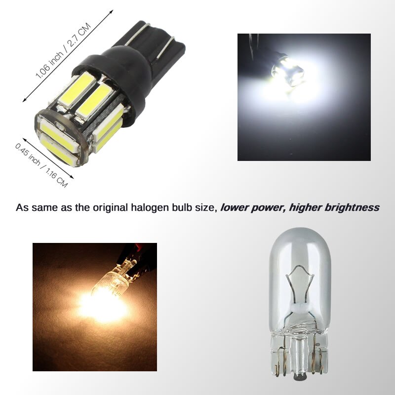 4Pcs W5W 10-7020 SMD Car T10 LED 194 168 Wedge Replacement Reverse Instrument Panel Lamp White Blue Bulbs For Clearance Lights