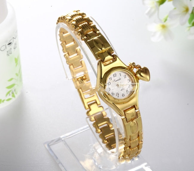 Gold Women's Rhinestone Heart Bracelet Watch
