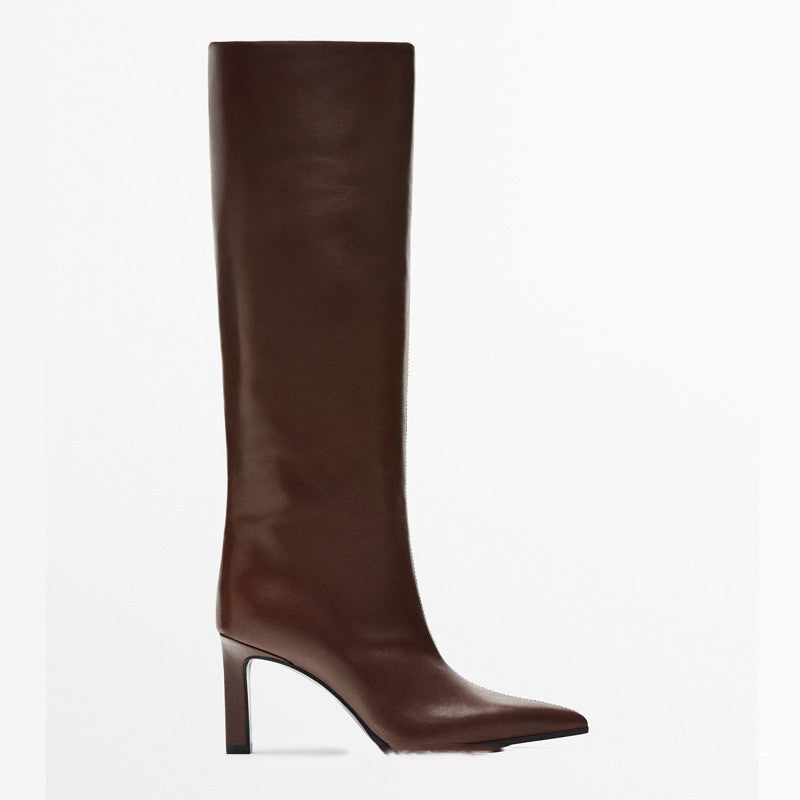 High Heel Leather Knight Boots Pointed Toe