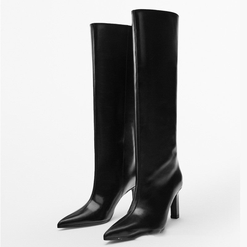 High Heel Leather Knight Boots Pointed Toe