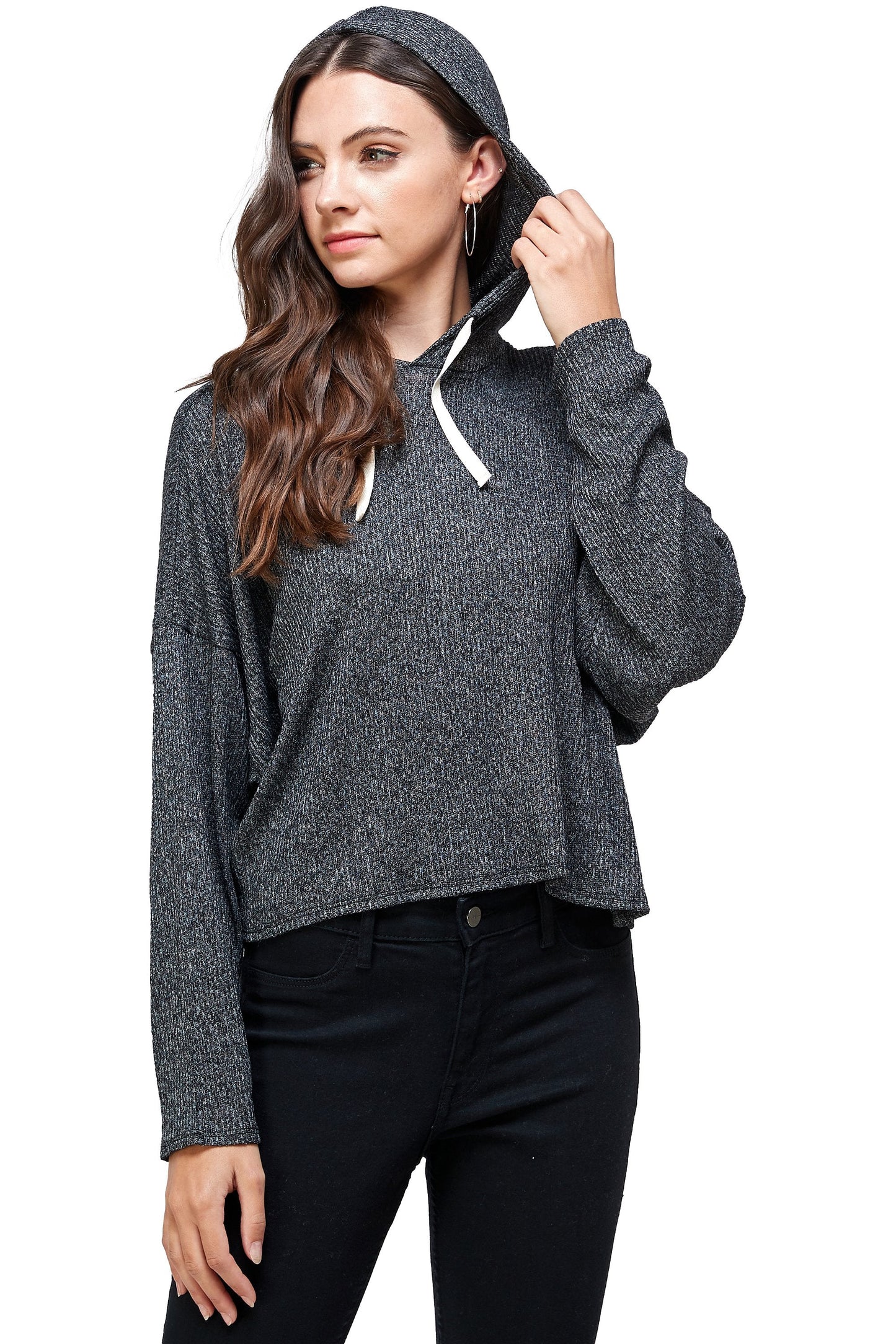 Brushed Two Tone Sweater Rib Hooded Top
