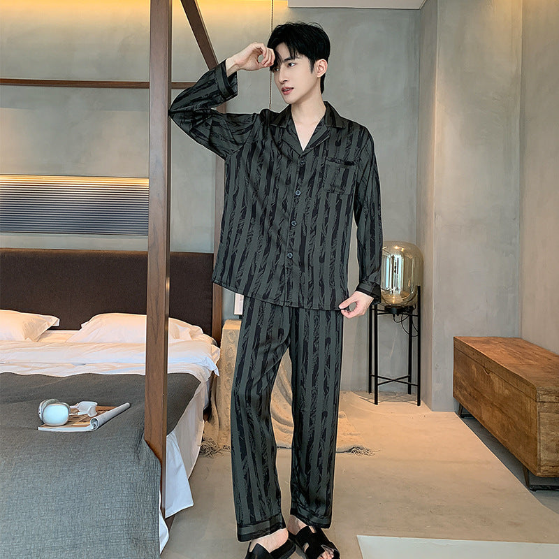 High-grade Ice Silk Men's Pajamas V-neck Thin Trousers Long Sleeve Two-piece Set