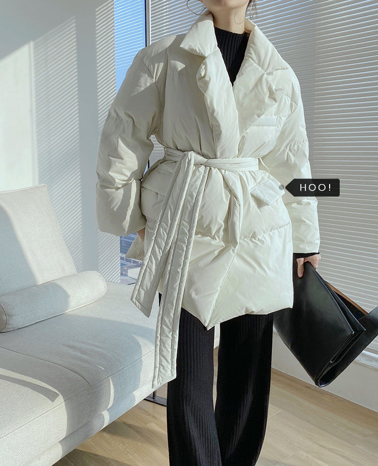 Mid-Length Loose Down Jacket with Suit Collar