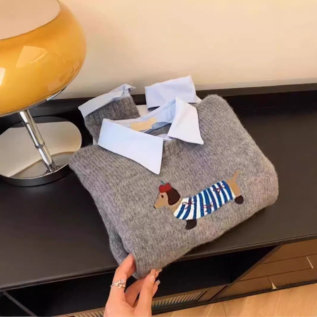 Puppy Cartoon Soft Glutinous Gray Fake Two Pieces Shirts Sweater