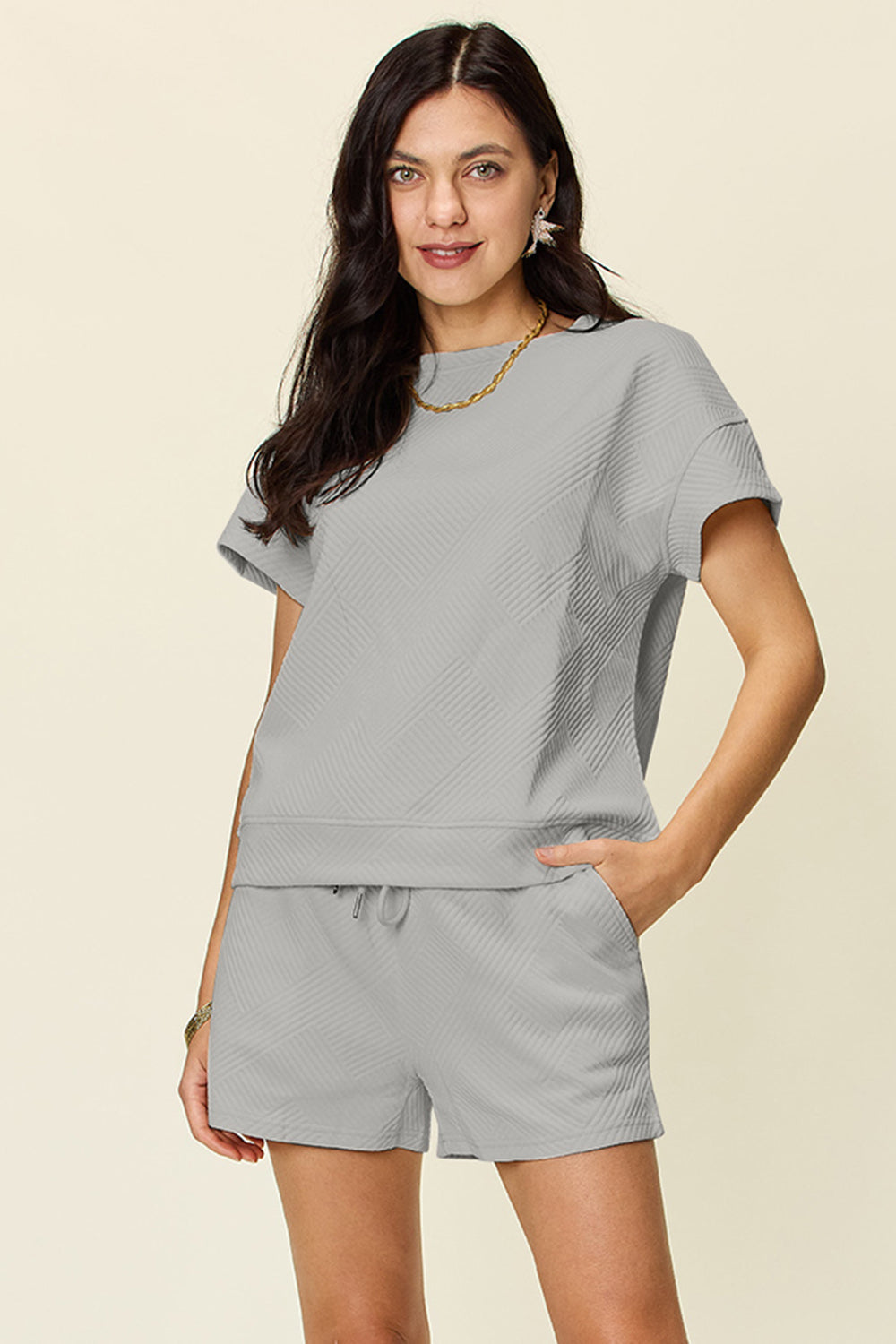 Textured Drawstring Shorts and Tee Set