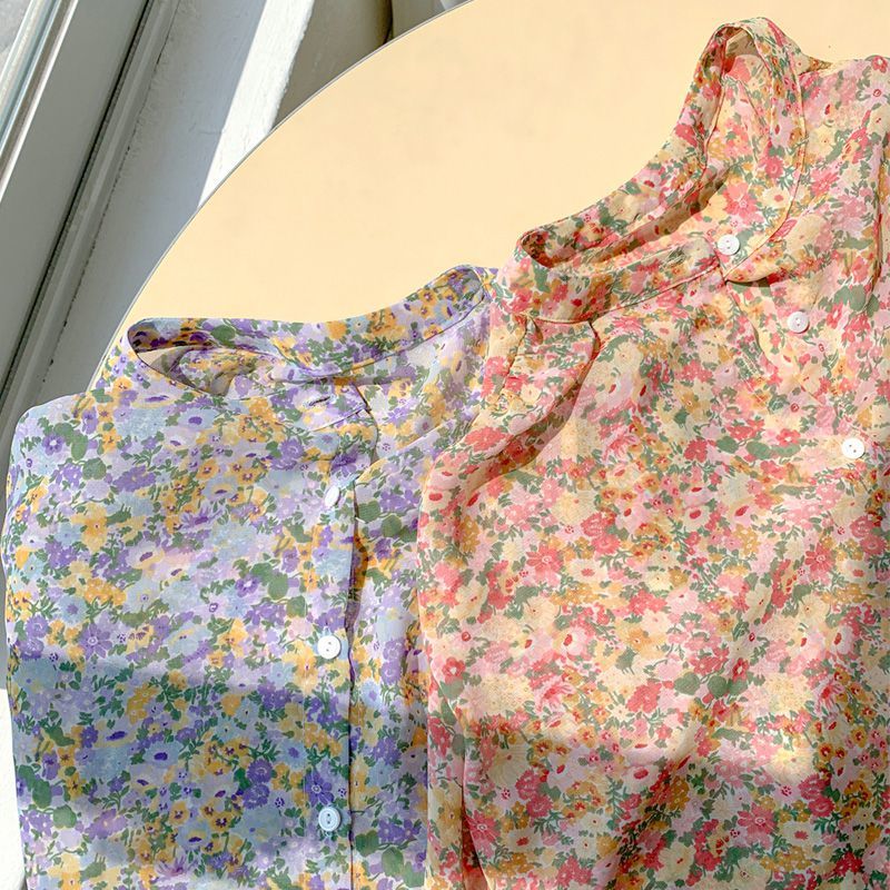 Women's Floral Chiffon Top Long Sleeve Shirt