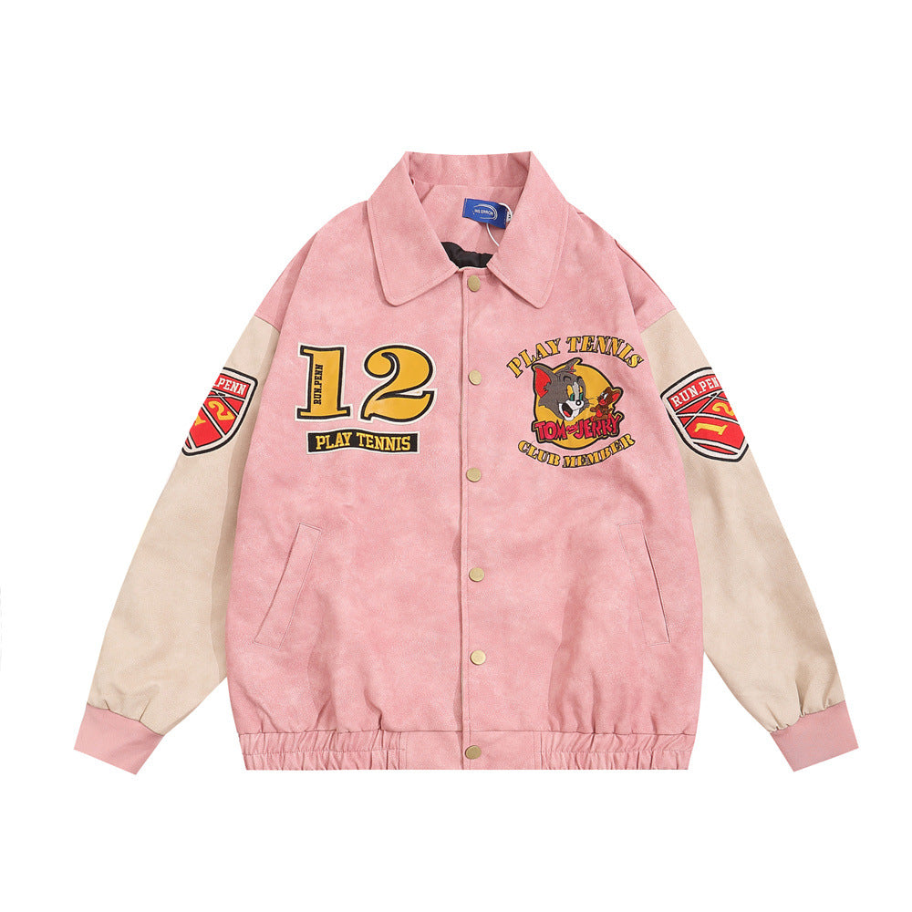Men's Cartoon Embroidered Cat and Mouse Baseball Jacket