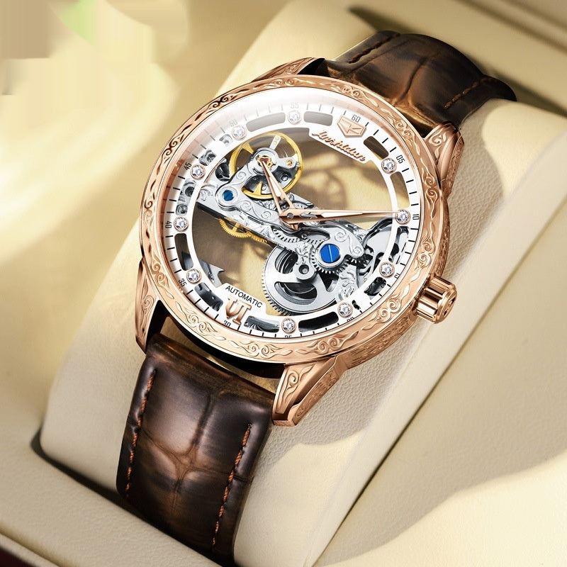 Openwork Mechanical Watch With Waterproof Leather Strap For Men