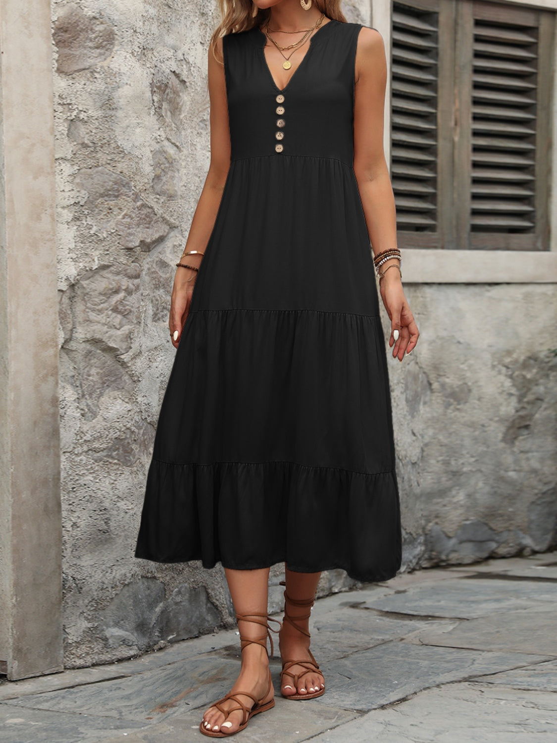 Cotton Sleeveless Dress with Decorative Buttons