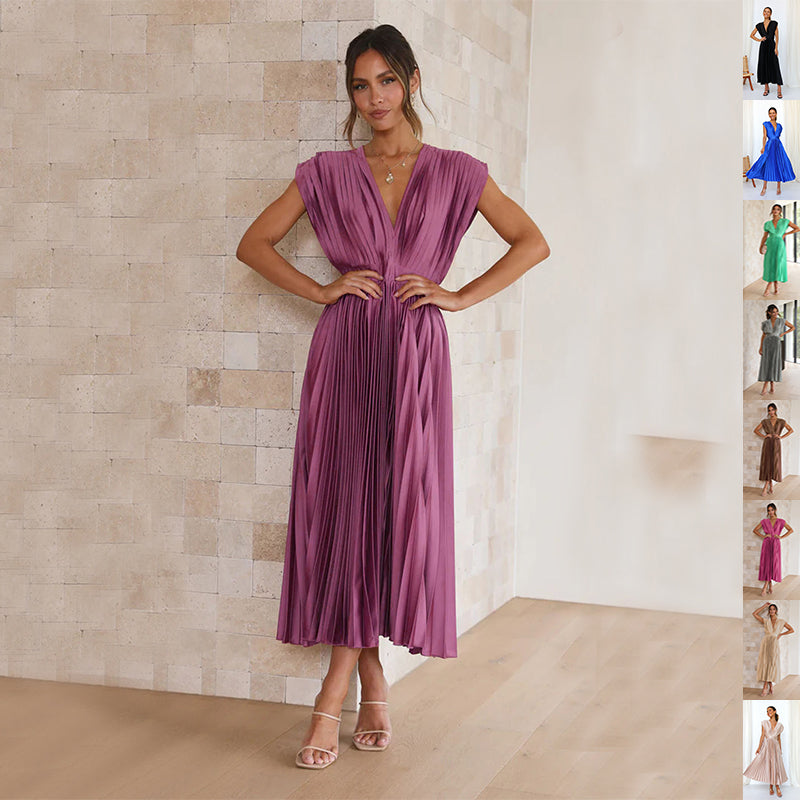 Summer V-neck Pleated Dress INS Fashion Casual Loose Zip Sleeveless Dresses For Women Clothing