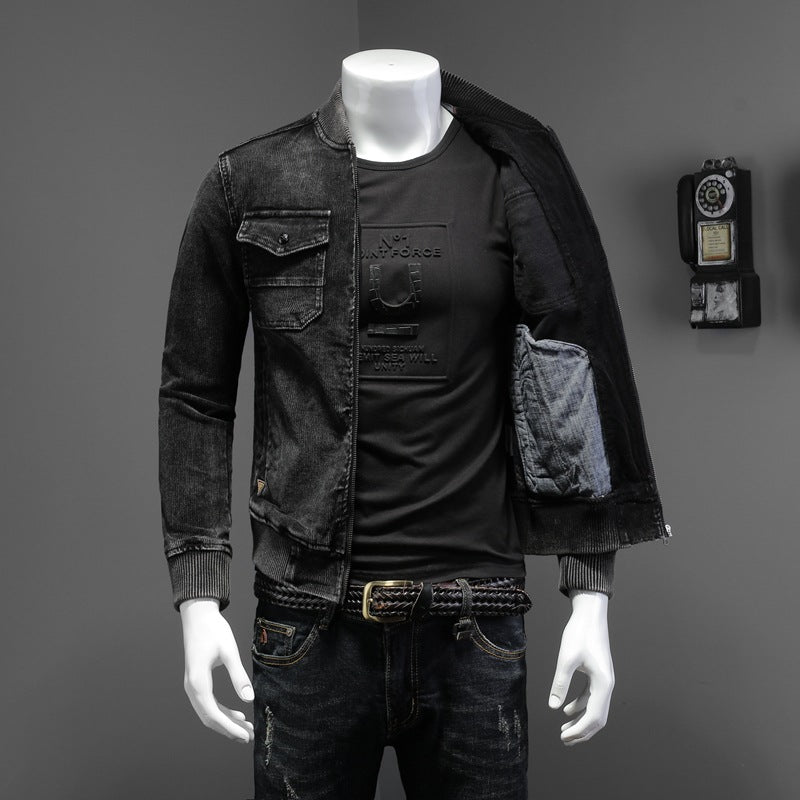 Retro Slim Fit Denim Jacket with Corduroy Collar