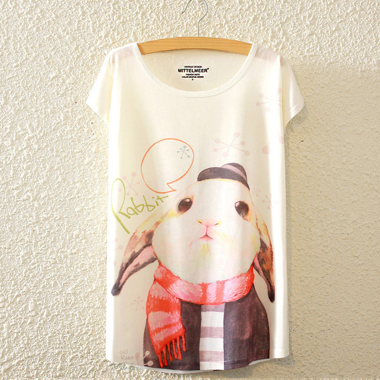 New Fashion Summer Harajuku Animal Cat Print Shirt O-Neck Short Sleeve T Shirt Women Tops White T-shirt