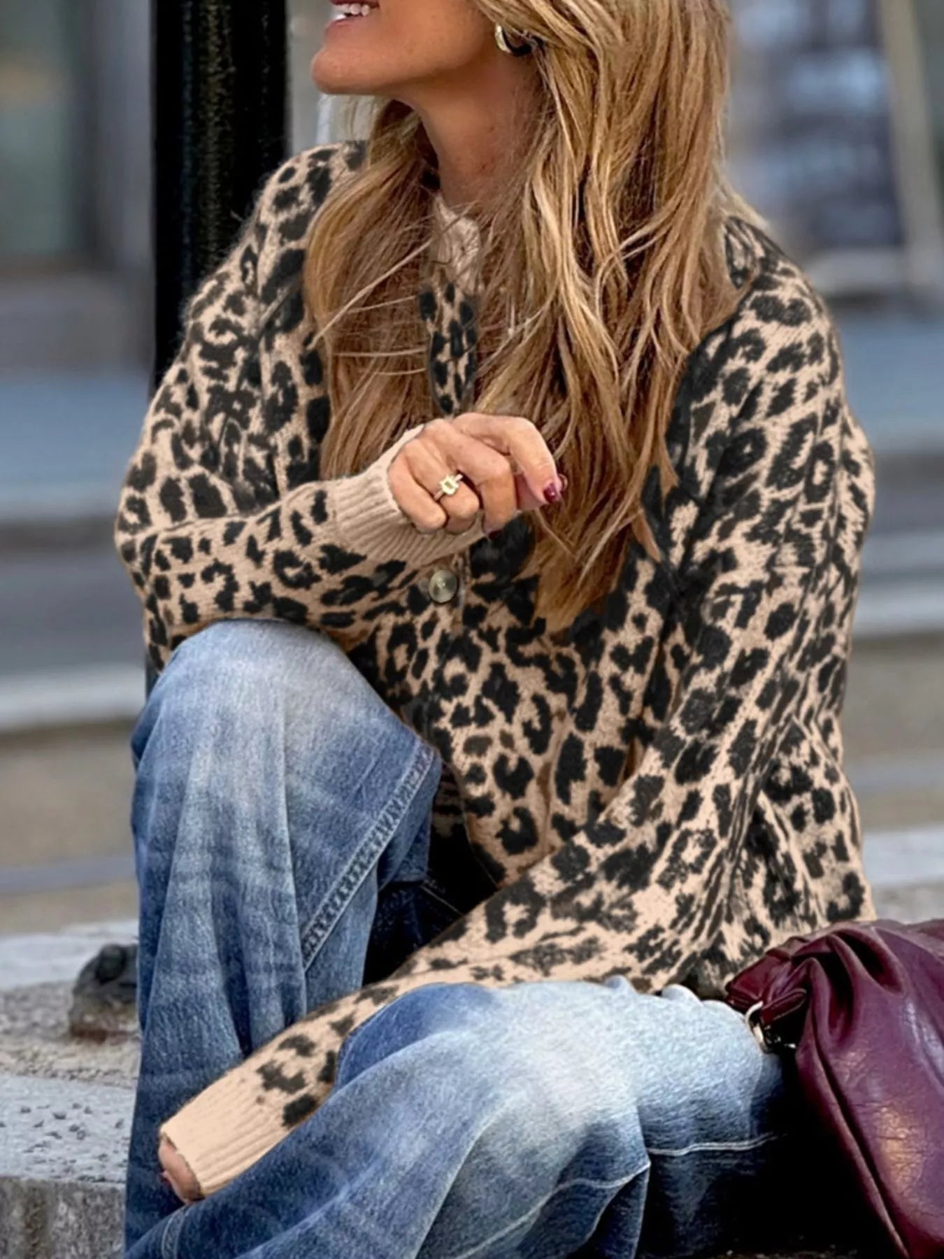 Leopard Drop Shoulder Chunky Knitted Cardigan