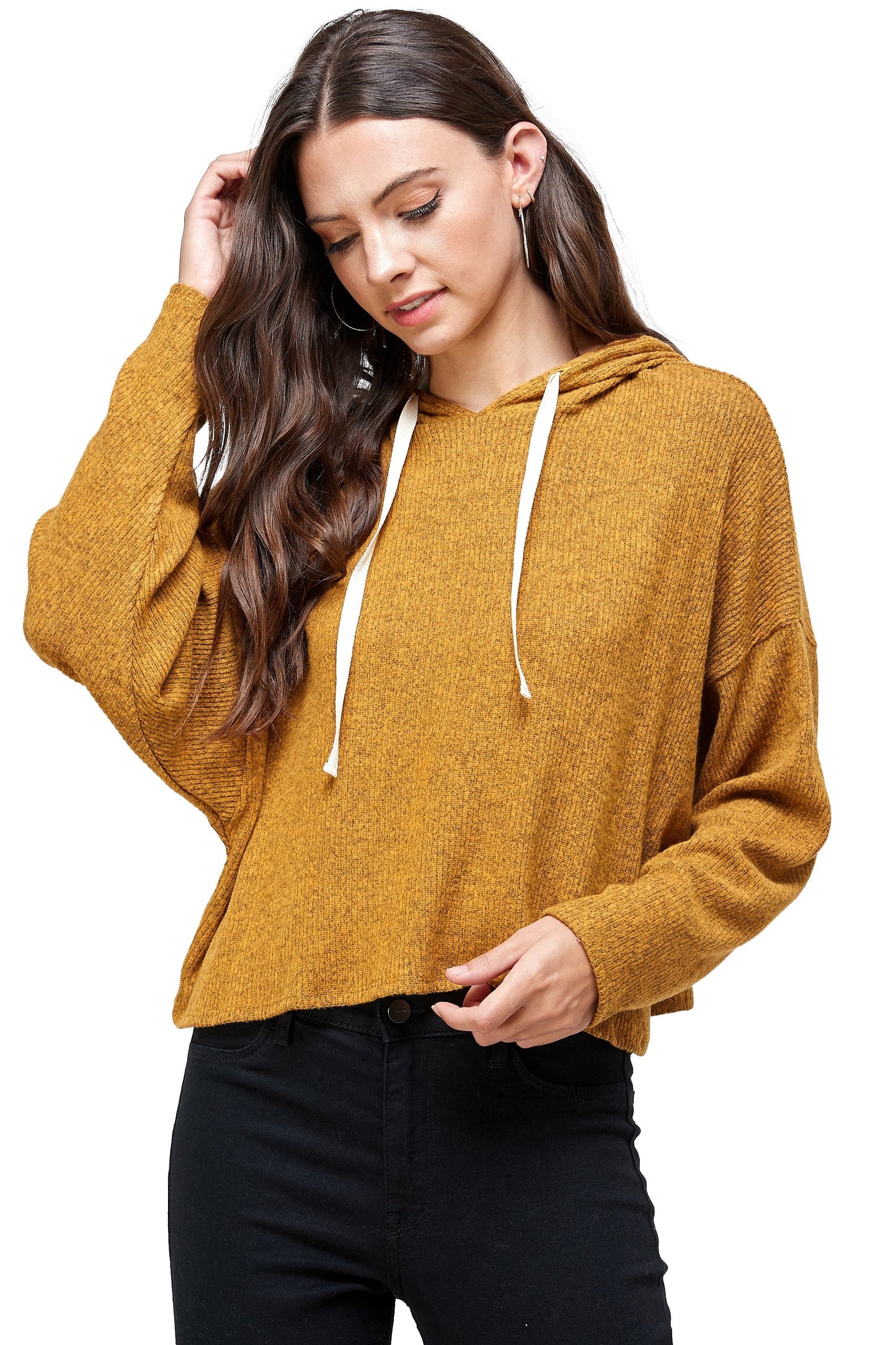 Brushed Two Tone Sweater Rib Hooded Top