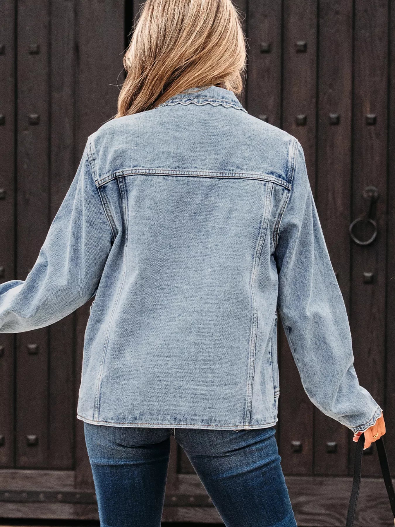 Scallop Trim Collar Patched Pocket Button Up Denim Jacket