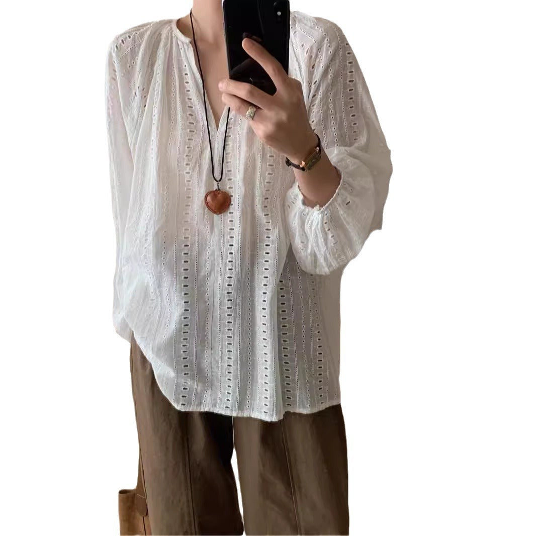 Simple V-neck Embroidered Jacquard Hollow-out Lazy Versatile Women's Long-sleeved Shirt