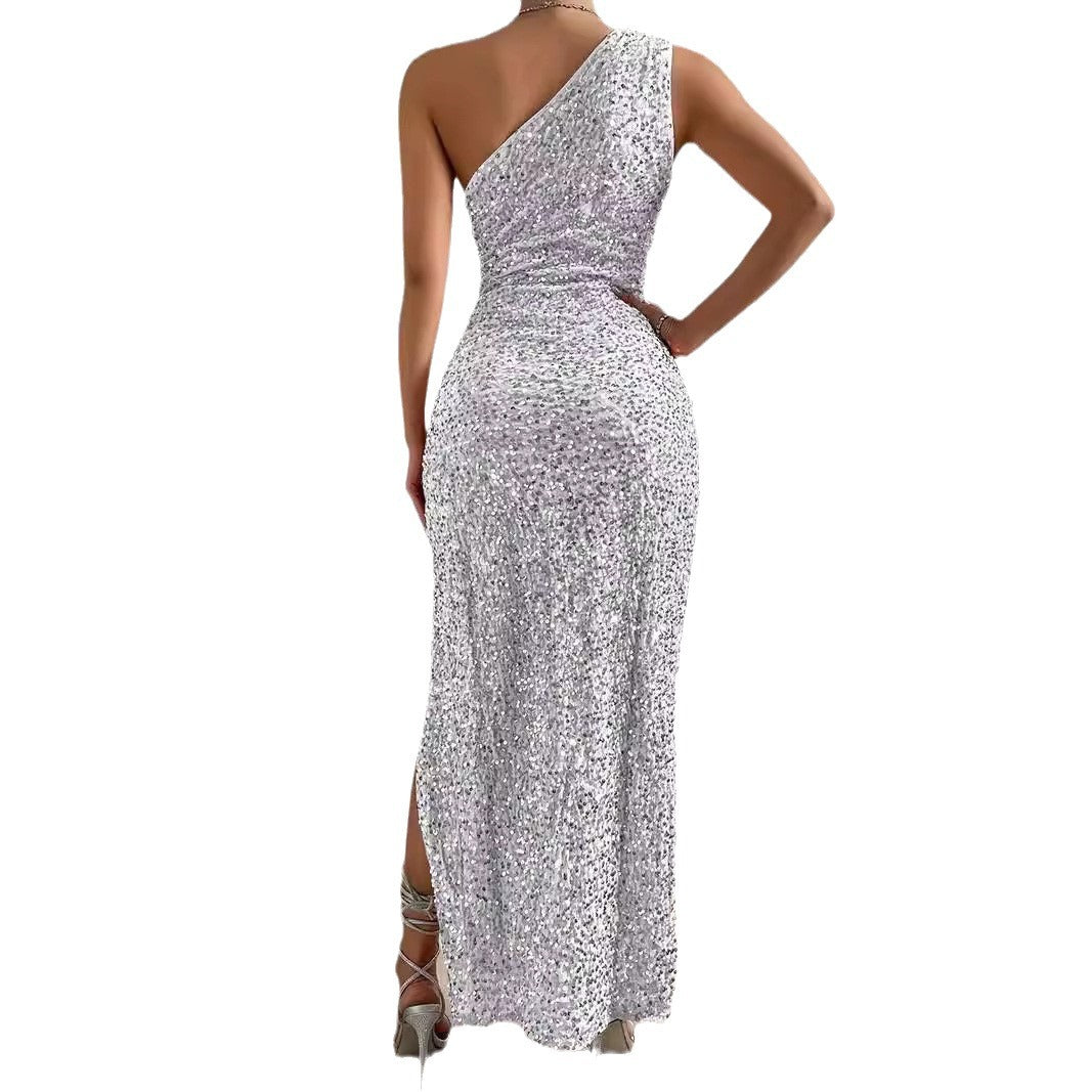 Elegant Sequined Shoulder Split Solid Color Dress Slim Club Party Dress Casual Asymmetric Sleeveless Long Dress