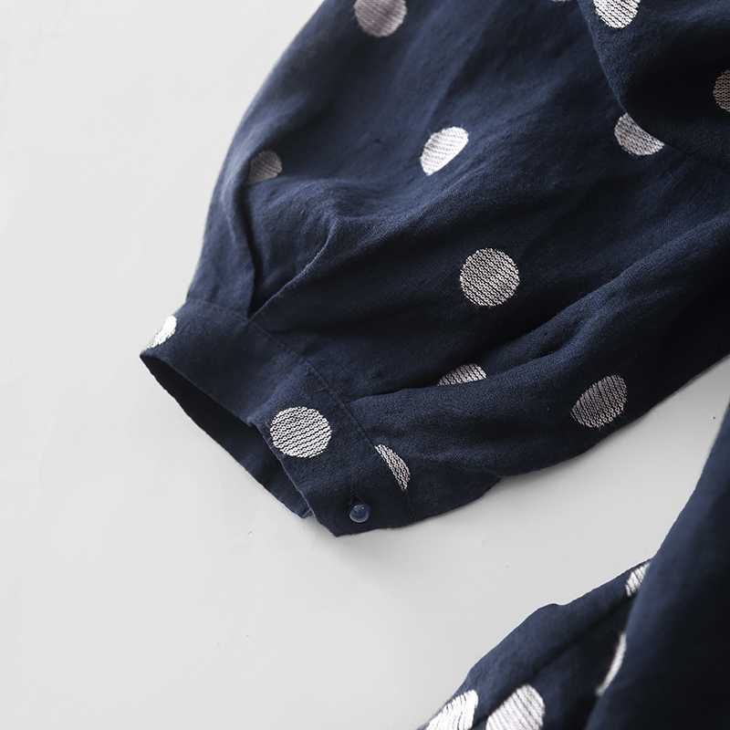 Artistic Retro Blue Polka-Dot Dress Crew-Neck Long-Sleeve French-Elegance Cotton-Linen Jumper Dress
