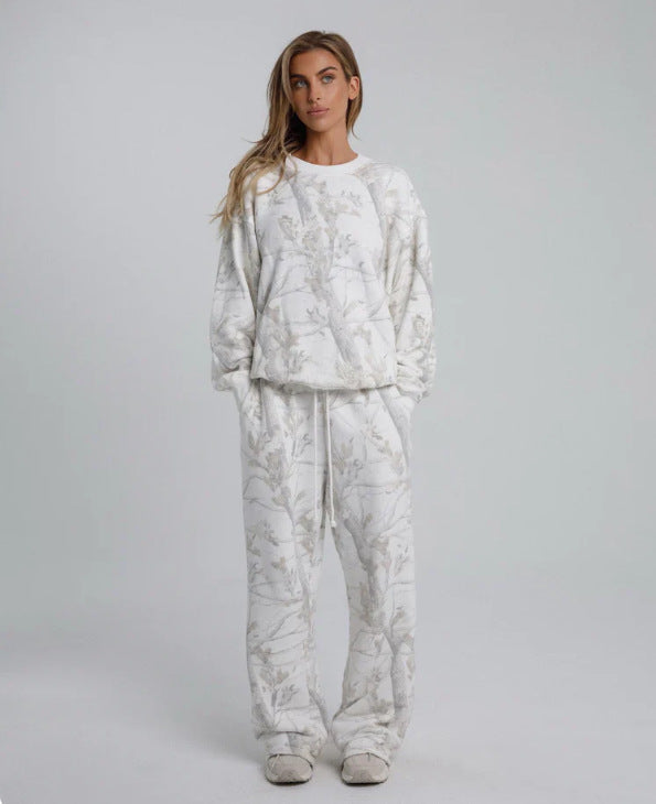 Autumn Winter Two Piece Sets Women Camouflage Hoodie Maple Leaf Print Sweatshirt Suit Sports Hoodie Sportswear