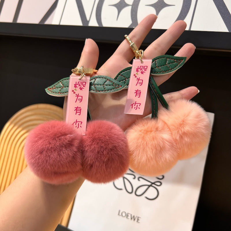 Otter Rabbit Fur Cherry Car Keychain