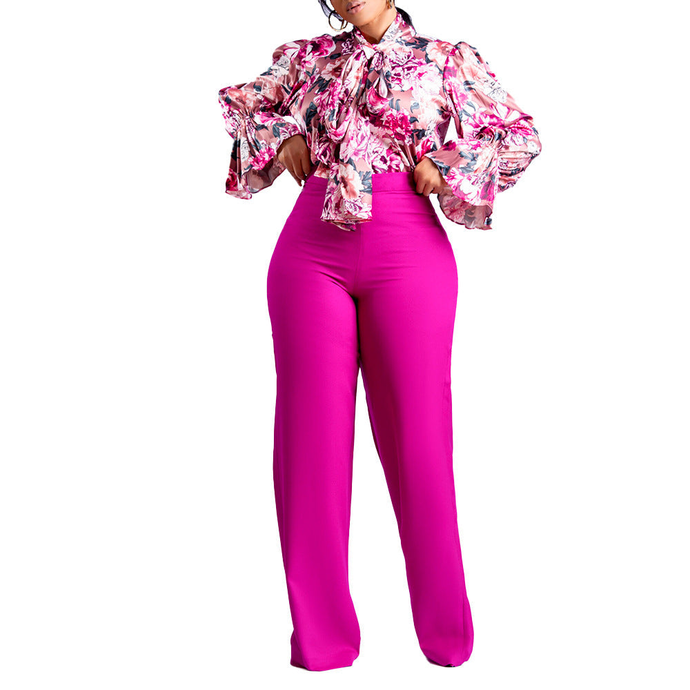 Women's Loose Large Size Casual Printed Long Sleeve Two-piece Suit
