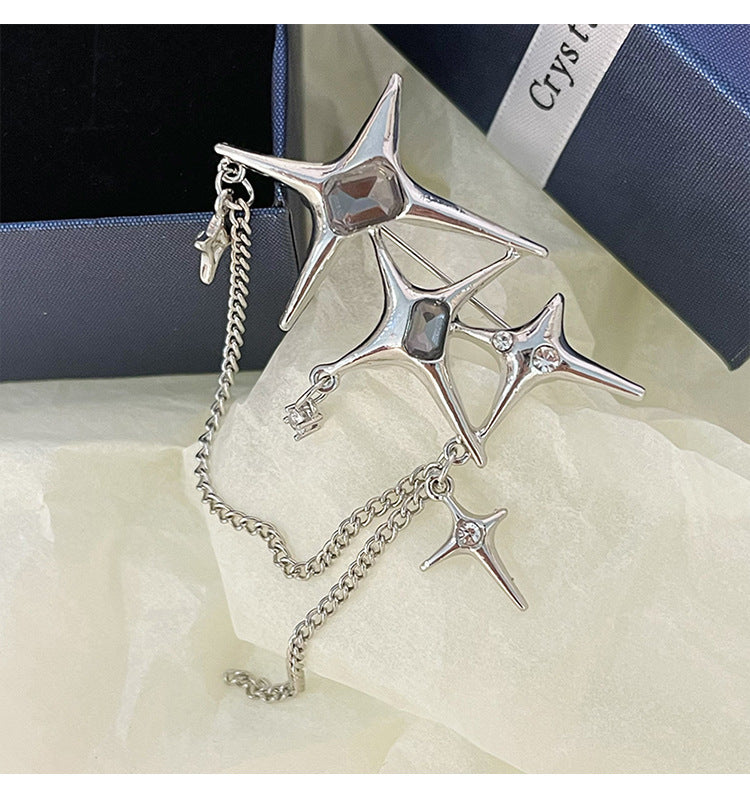 Four Eight-Pointed Stars Zircon Chain Brooch