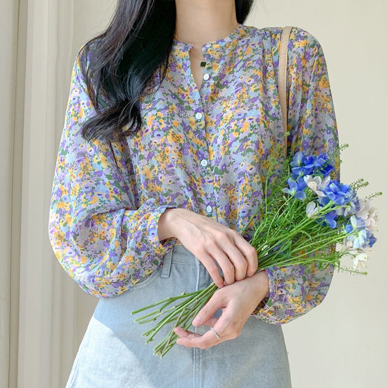 Women's Floral Chiffon Top Long Sleeve Shirt