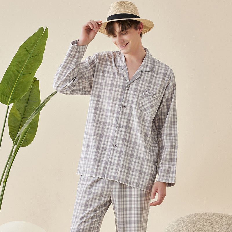 Simple Japanese Style Cotton Plaid Long Sleeve Couple Home Wear