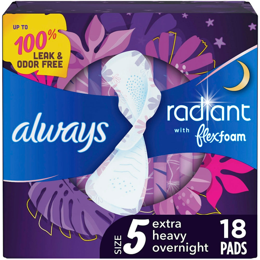 Always Radiant FlexFoam Pads For Women, Size 5, Extra Heavy Overnight Absorbency, 100% Leak & Odor Free Protection Is Possible, With Wings, Scented