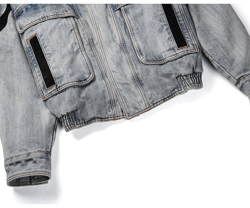 Vintage Wash Denim Jacket with Layered Collar for Men