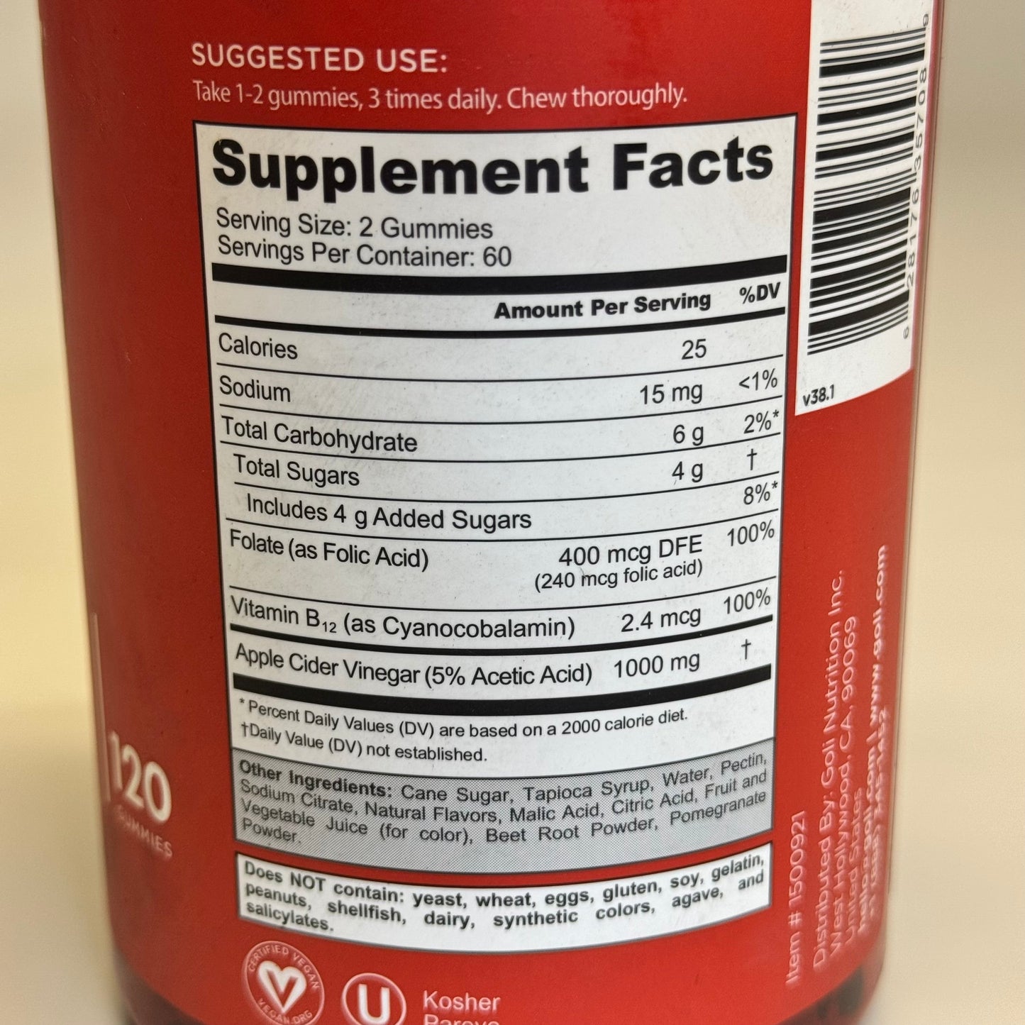 ZA@ GOLÍ Nutrition Apple Cider Vinegar 120 Gummies Sz 6.5” H Red BB Exp 08/25