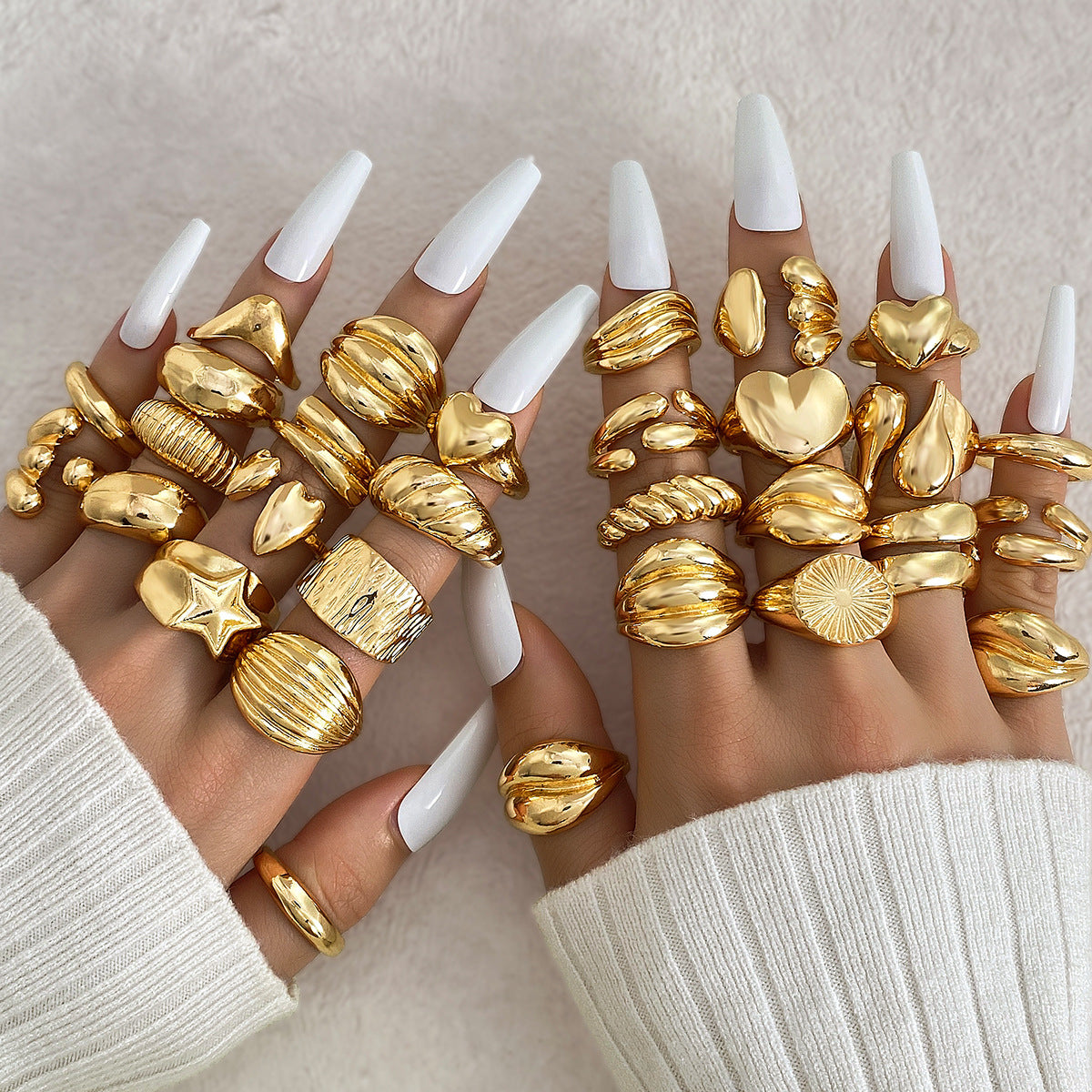 30 Pcs Gold Rings, Cross-border Geometric Alloy Lava Line Rings, Irregular Polished Open Band Rings