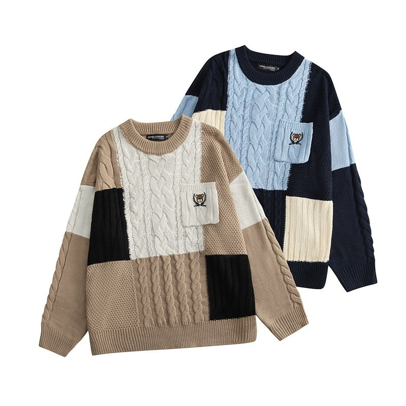 Color Matching Long Sleeve Round Neck Couple Wear Cable-knit Sweater Women