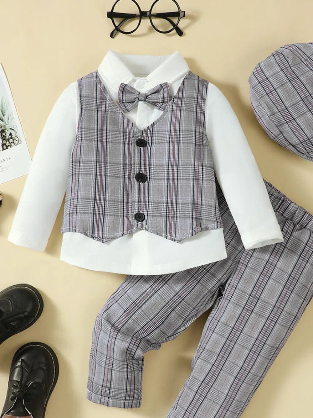 Hat, Long Sleeve Shirt, Plaid Vest and Pants 4-Piece Set