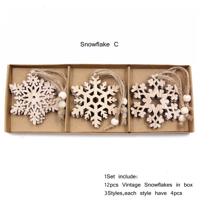 12PCS Box Multi Christmas Snowflakes Wooden Pendants Ornamen