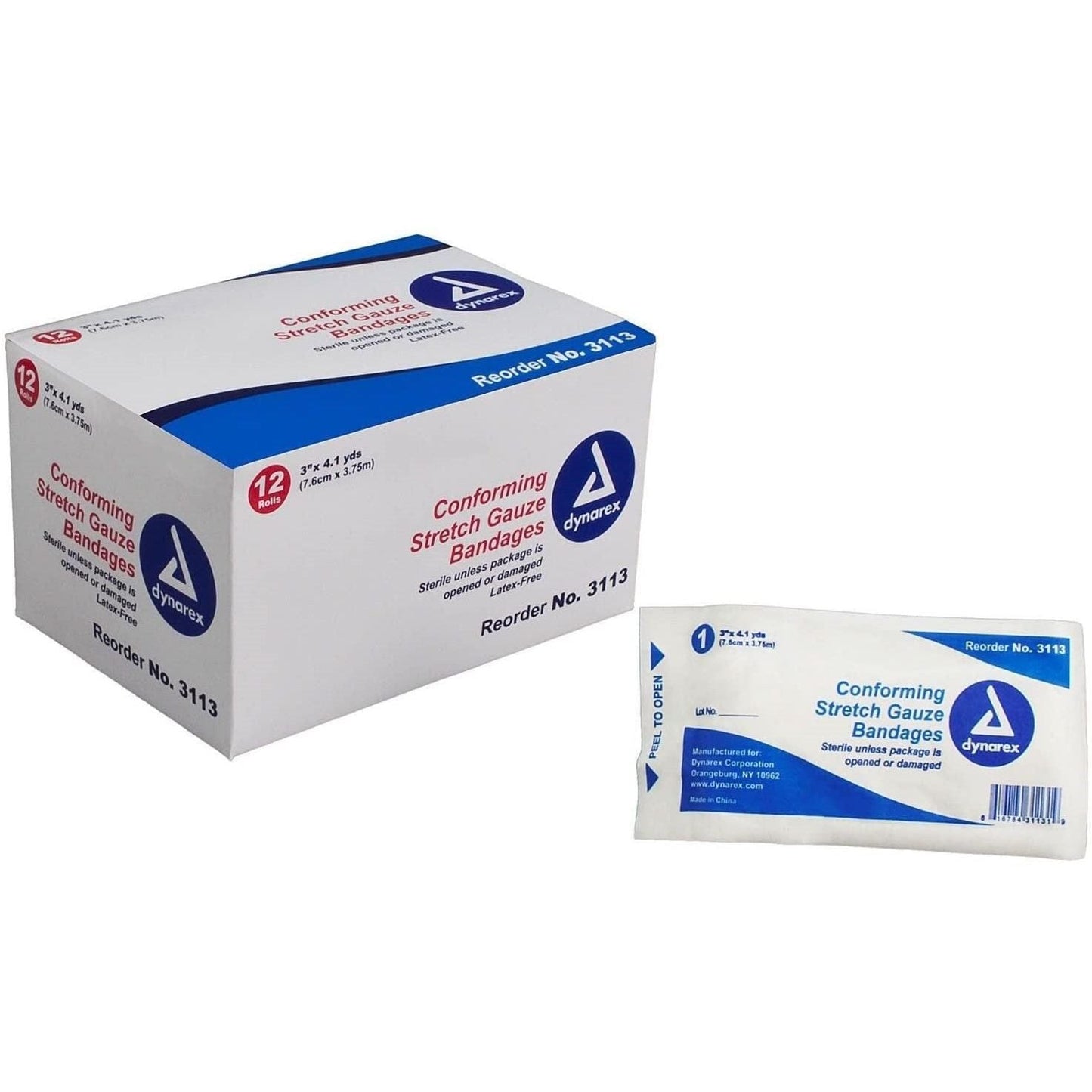 Dynarex Conform Stretch Gauze Bandages, Sterile 3 Inches X 4.1 Yards, 12 Rolls