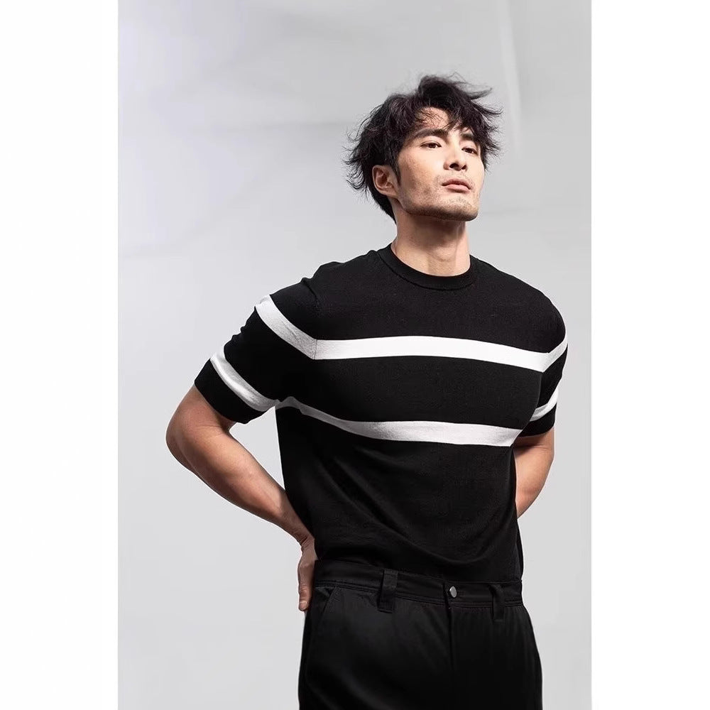 Men's Retro-style Round-neck Knitted Top With Ice Silk Short Sleeves