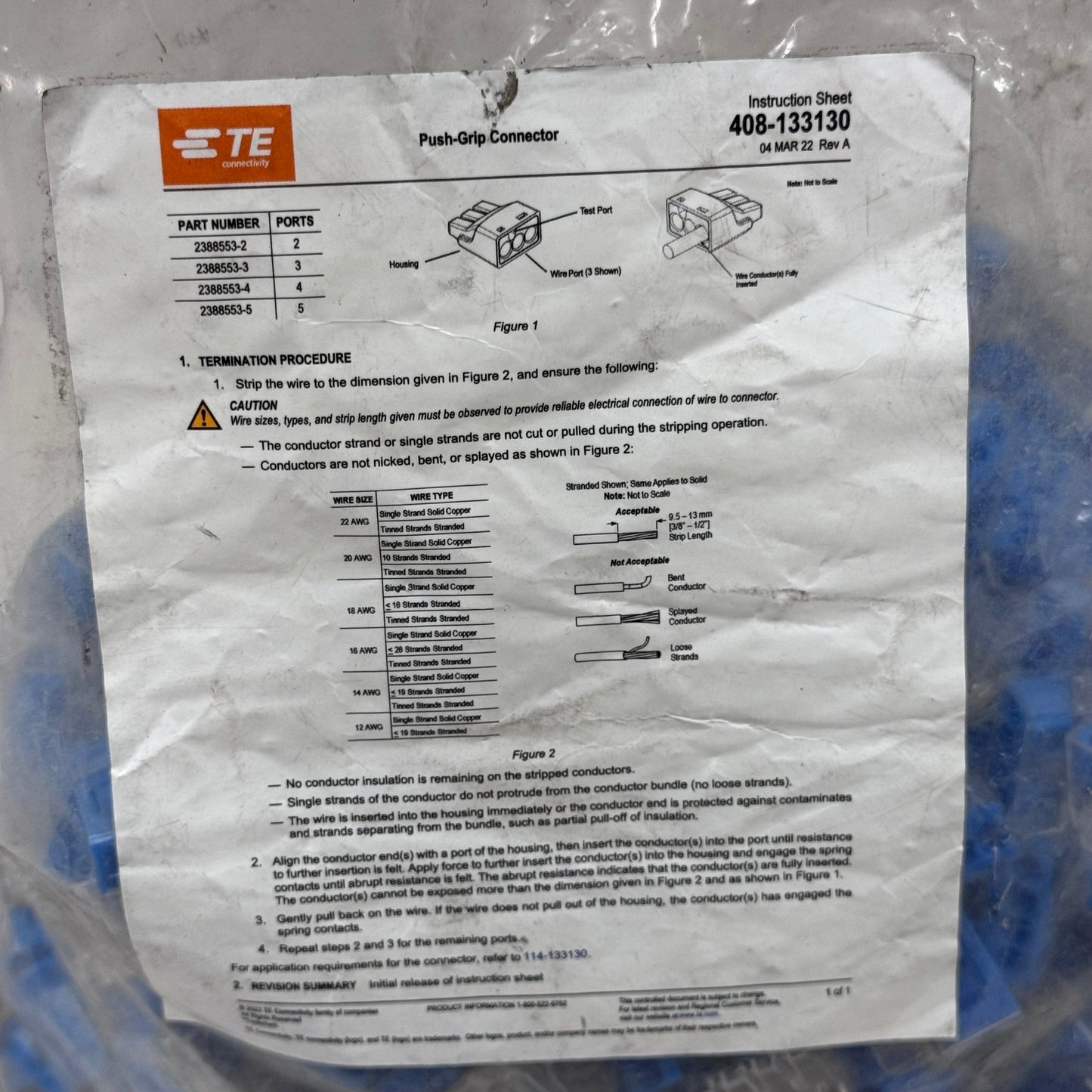 TE CONNECTIVITY (480 PACK) Push Grip Connector 4 Wire Port 12-22 AWG 2388553-4