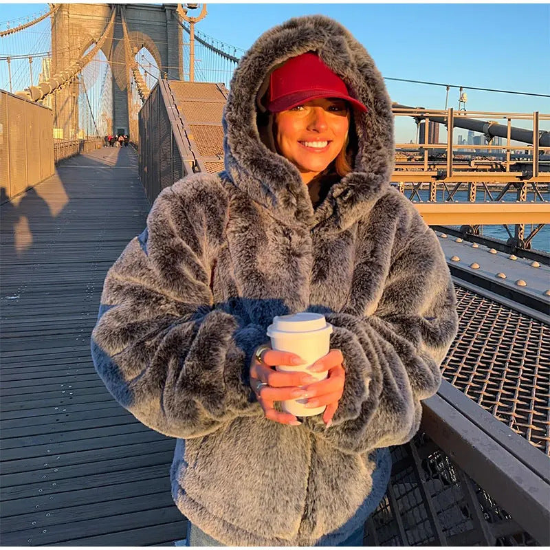Women's Spring Clothing Imitation Fur Personality Street Fashion Solid Color Long Sleeve Zipper Hooded Short Jacket
