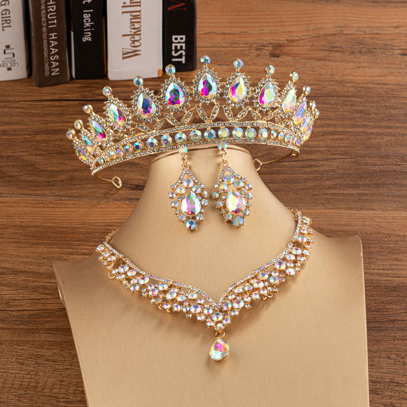 Elegant Bridal Alloy Diamond Crown Set with Exquisite Earrings and Necklace in 5 Colors