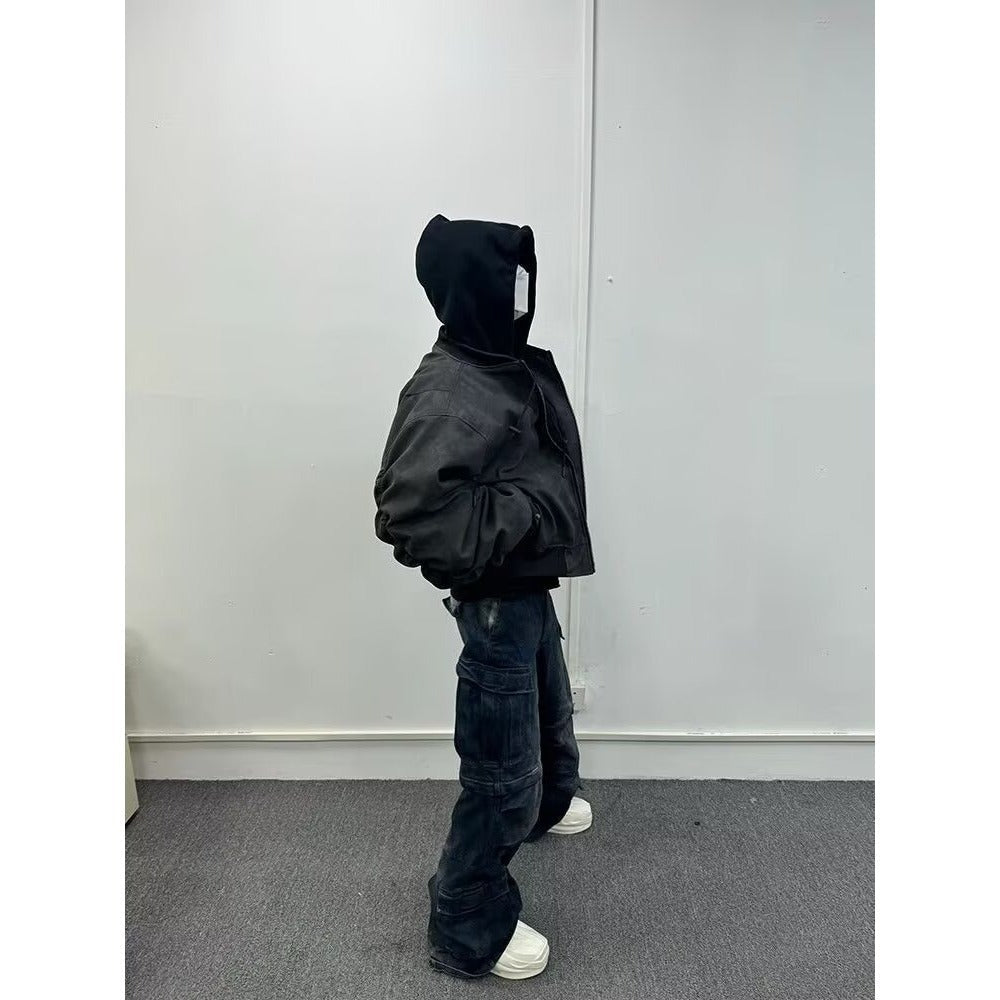 Mens Faux Two-piece Leather Jacket Cotton-padded Flight Jacket