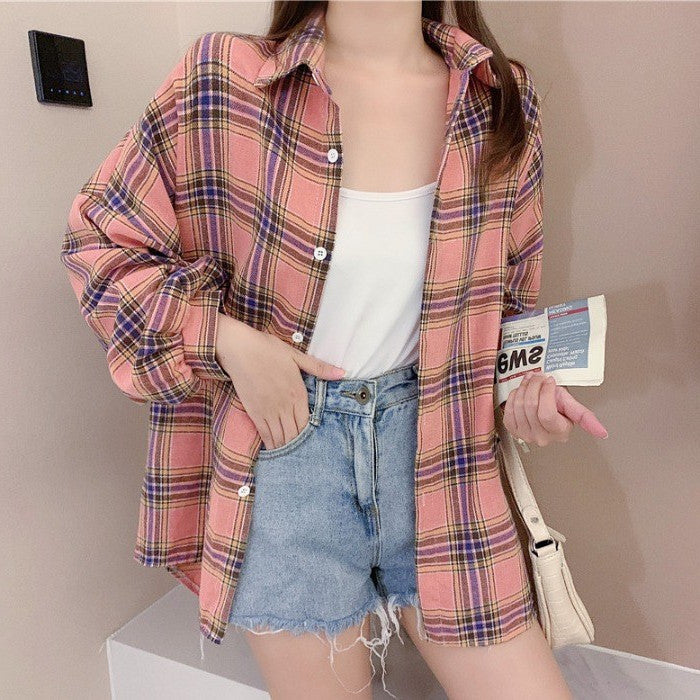 Loose design niche long-sleeved plaid shirt