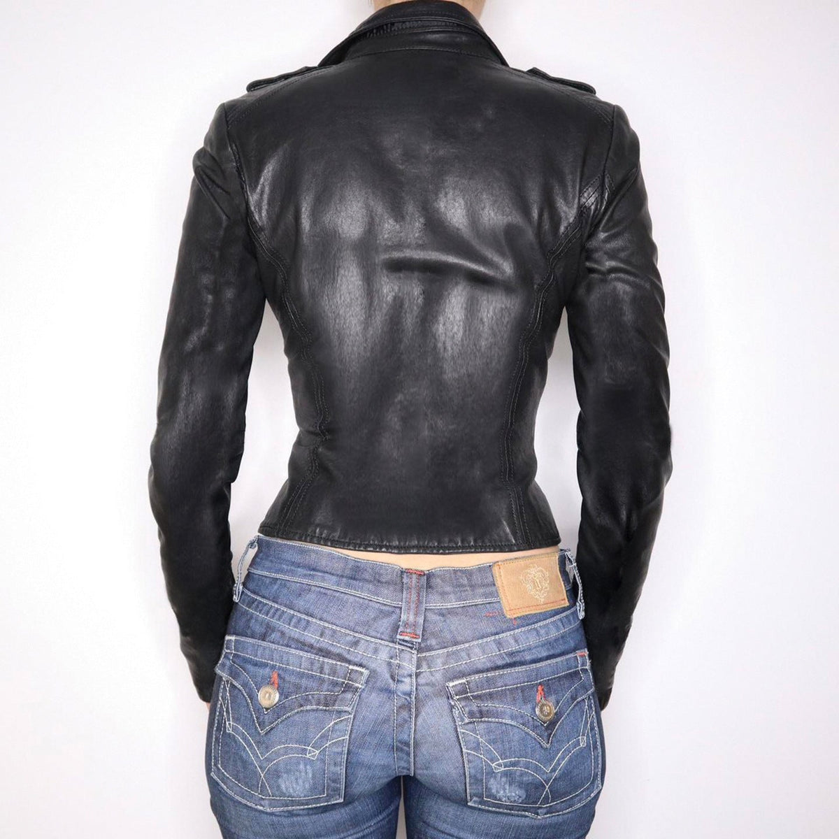 Locomotive Style Collar Leather Patchwork Waist-slimming Jacket