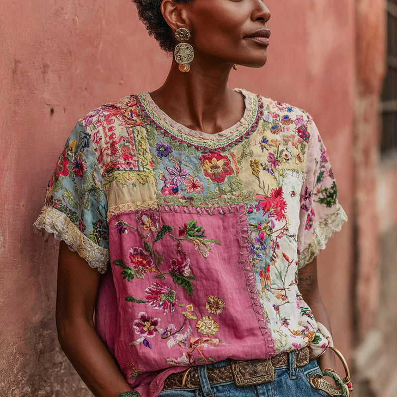 Womens Retro Printed Patchwork Crew-Neck Top