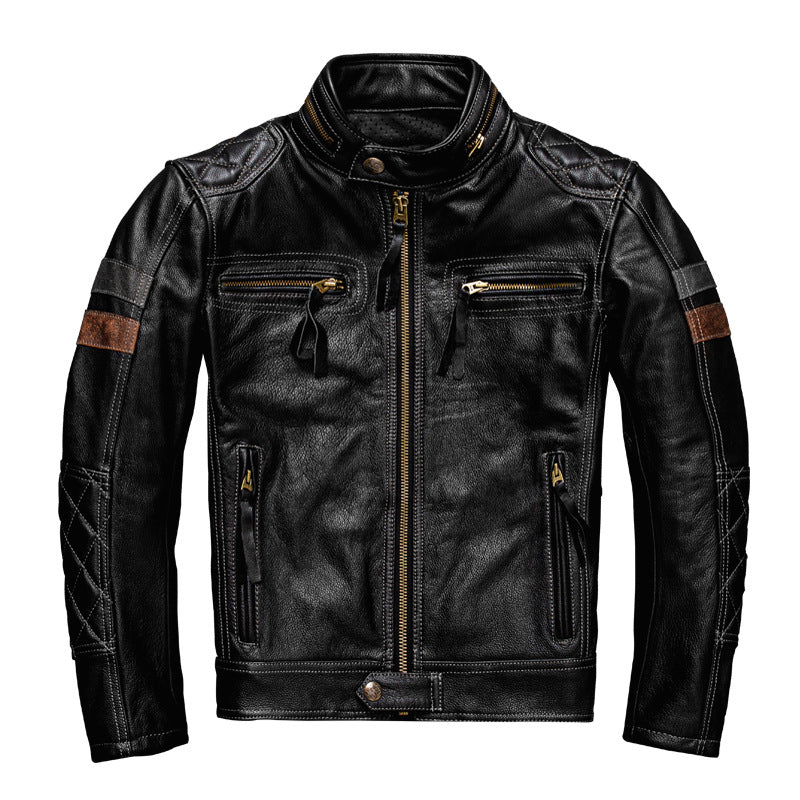Men's Genuine Leather Biker Jacket with Protective Gear