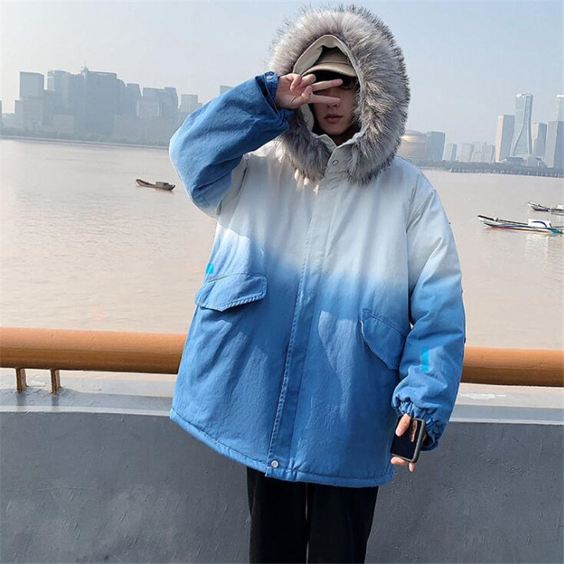 Trendy Thick Fur Collar Gradient Hooded Cotton Jacket